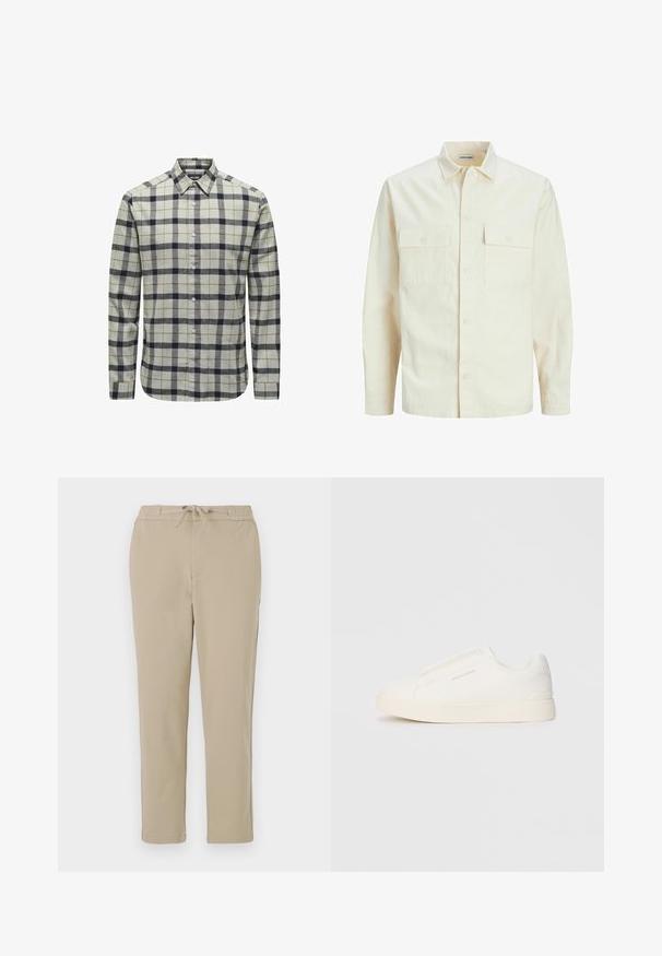 Hellbeige Langarmhemd mit klassischem Kragen, zwei Fronttaschen, Knopfverschluss und strukturiertem Stoff.; Hemd mit Knopfleiste in Hellgrau mit navy- und braun kariertem Muster, mit langen Ärmeln, spitzem Kragen und Knopfdetails.; Beige Lounge-Hosen mit elastischem Bund und Kordelzug, im schlichten Design mit geradem Bein und weichem, glattem Material.; Weiße Slip-On-Sneaker mit einer strukturierten Oberfläche, dicker Sohle und minimalistischem Design. Mit Logo der Marke an der Seite.