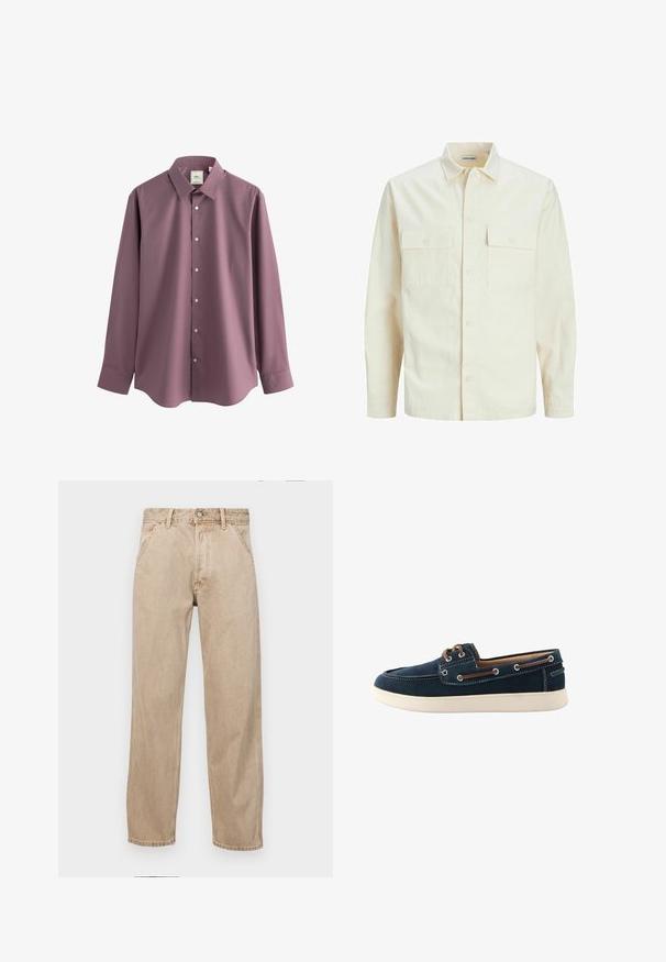Svijetlo bež košulja dugih rukava s ovratnikom, dva prednja džepa, zatvaranje na dugmad i teksturirani materijal.; Next REGULAR FIT SINGLE CUFF - Svečana košulja - mauve pink; Bež teksas traperice ravnog kroja, s prednjim džepovima, metalnim zakopčavanjem i suptilnom teksturom.; Mornarske cipele tamnoplave boje od tkanine s bijelim šavovima i gumenkim potplatima. Ima smeđi pertle i rupice za pertle. Dizajn s okruglim vrhom.