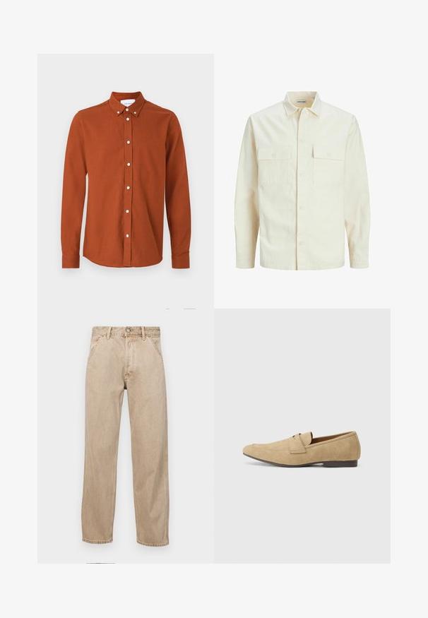 Kergedbež pika-särk pikkade varrukatega, krae ja kahe eespool asuva taskuga, nööpidega kinnitamine ja reljeefne materjal.; Roostäheline pikkade varrukatega särk, mis on valmistatud tekstuursetest kangast, millel on nööbid alla, valged nööbid ja peenelt tikitud logo.; Bežidemini teksased sirgjoonise kujundusega, front pocket'itega, metallist nööbi kinnitusega ja peene tekstuuriga.; Beige suede loafers, millel veidi läiget, ümarate varvastega, libisemisega disainiga ja madala pruuni kontsaga. Kerge õmbluste detail.