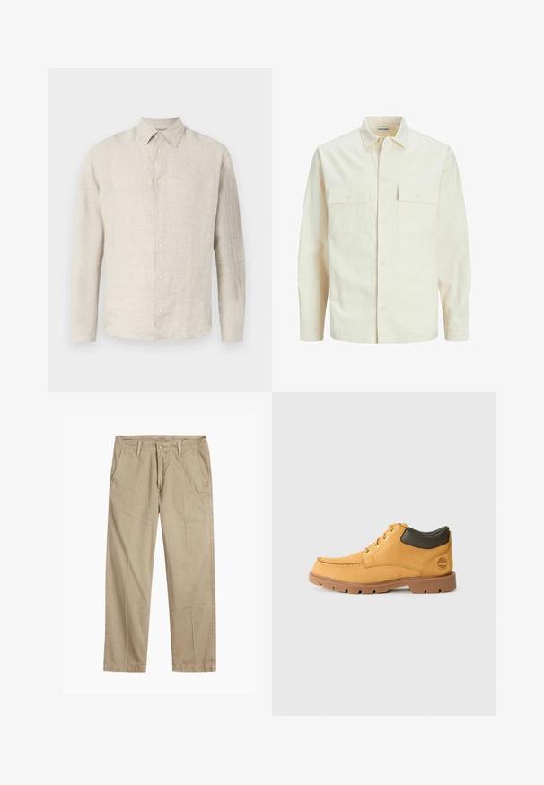 Gai bēšs garām piedurknēm krekls ar apkakles izgriezumu, divām priekšējām kabatām, pogu aizdari un teksturētu audumu.; Gai béžs lins krekls ar asa kakla, garām piedurknēm un smalku struktūru; priekšpusē ir seši saskaņoti pogas.; Beigās taisnās kājas chinos bikses ar jostas cilpām, priekšējo pogu un rāvējslēdzēja aizdari, kā arī slīpām priekšējām kabatām.; Dzelteni ādas zābaki ar brūnu gumijas zoli, apaļo purngalu un zaļo ādas anklet. Iekļautas zelta acis un šuvju akcenti.