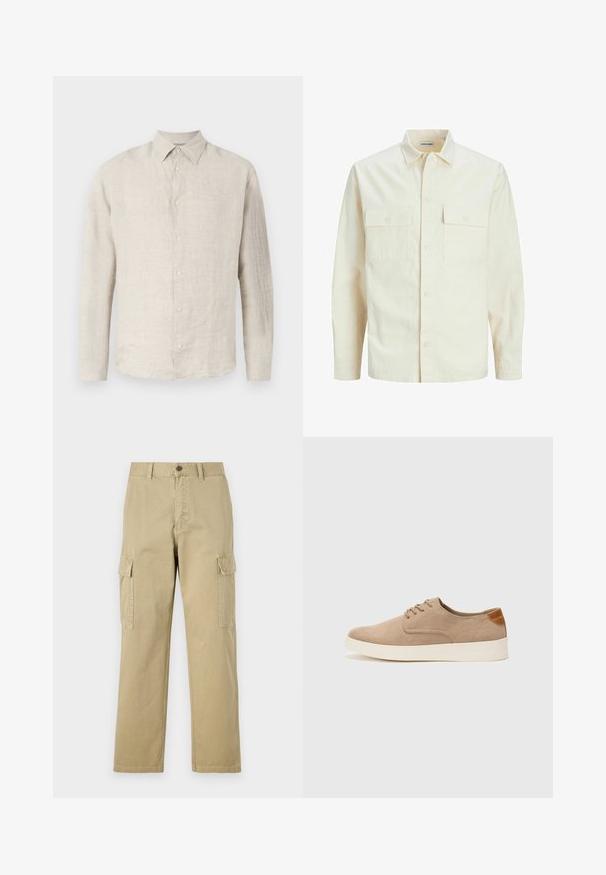 Camisa de manga larga color beige claro con cuello, dos bolsillos frontales, cierre de botones y una tela texturizada.; Camisa abotonada de lino beige claro con cuello puntiagudo, mangas largas y textura sutil; cuenta con seis botones a juego en la parte delantera.; Pantalones cargo beige de algodón, con dos bolsillos laterales, cierre de botón y perneras rectas con una tela ligeramente texturizada.; Zapatillas de ante beige con puntera redondeada, cordones en la parte delantera y un acento texturizado en la parte trasera. La suela de goma blanca proporciona contraste. Diseño sencillo y moderno.