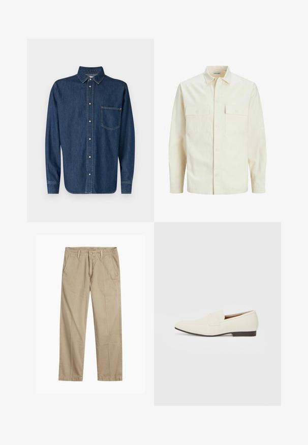 Világos bézs színű, hosszú ujjú ing, galléros nyakkal, két elülső zsebbel, gombos záródással és struktúrált anyaggal.; Sötétkék farmering hosszú ujjakkal, gombos elülső részel és egyetlen mellzsebbel. Klasszikus gallérral és egyenes aljjal rendelkezik.; Beige egyenes szárú chino nadrág övhurkokkal, elülső gombos és cipzáras záródással, valamint ferde elülső zsebekkel.; Világos bézs loaferek hegyes orral, sima anyagból, a lábfejen lévő pánttal és alacsony barna talppal. Egyszerű dizájn, minimális díszítéssel.