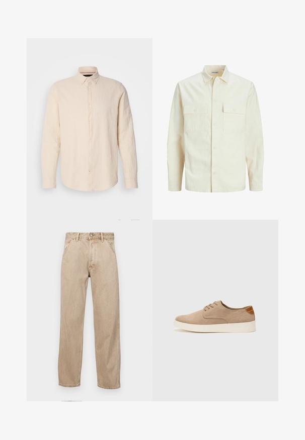 Cămașă lungă cu mâneci lungi de culoare bej deschis, cu guler, două buzunare frontale, închidere cu butoane și un material texturat.; Cămașă cu mânecă lungă, cu nasturi, din in bej deschis, cu guler, având un material ușor texturat și accente de nasturi asortate.; Jeans din denim bej cu un design drept, care prezintă buzunare frontale, închidere cu buton metalic și o textură subtilă.; Tenisi din suede bej cu vârf rotund, sistem de șireturi în față și un accent texturat în spate. Talpa albă din cauciuc oferă un contrast. Design simplu și modern.