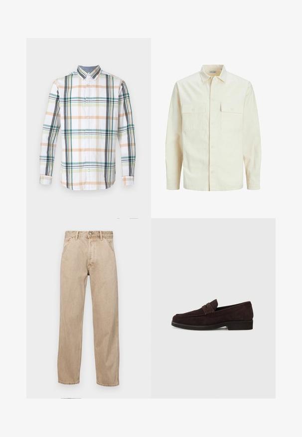 Kergedbež pika-särk pikkade varrukatega, krae ja kahe eespool asuva taskuga, nööpidega kinnitamine ja reljeefne materjal.; Pikend käistega nööpidega särk valgest kangast, millel on mitmevärviline ruuduline muster rohelise, beeži ja halli tooni.; Bežidemini teksased sirgjoonise kujundusega, front pocket'itega, metallist nööbi kinnitusega ja peene tekstuuriga.; Pruuni sametist loafers madala profiili ja ümarate varvastega. Omab dekoratiivset rihma ülaosas, tasast kummist talda ning nähtamatut õmblust.