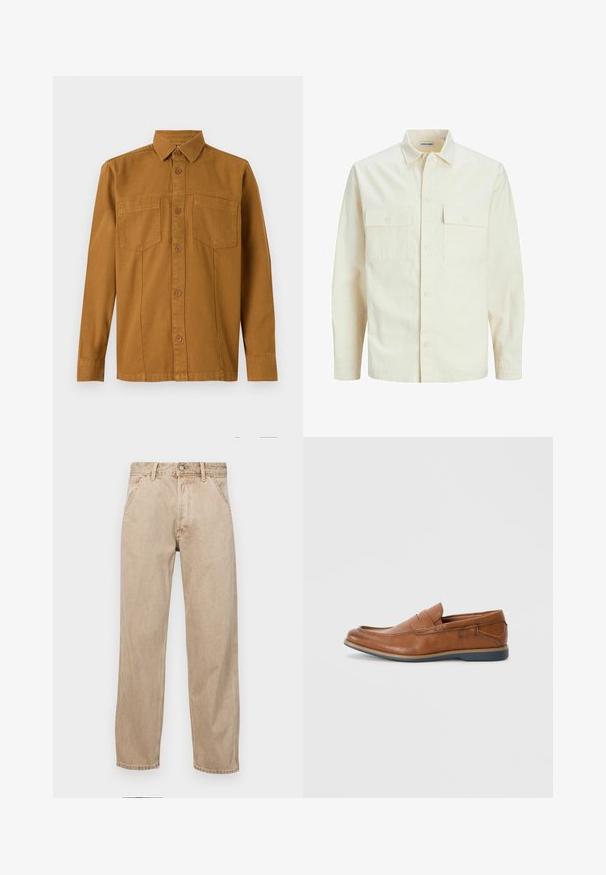 Kergedbež pika-särk pikkade varrukatega, krae ja kahe eespool asuva taskuga, nööpidega kinnitamine ja reljeefne materjal.; TOM TAILOR Pluus - deep cognac; Bežidemini teksased sirgjoonise kujundusega, front pocket'itega, metallist nööbi kinnitusega ja peene tekstuuriga.; Prunadest nahkkingad ümmarguse varbaga, õmmeldud detailide ja madala kummitaldaga. Disain sisaldab riba üleval.