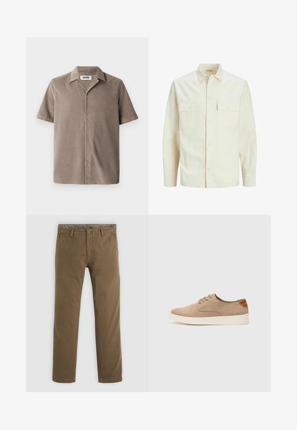 Cămașă lungă cu mâneci lungi de culoare bej deschis, cu guler, două buzunare frontale, închidere cu butoane și un material texturat.; Cămașă cu mânecă scurtă din catifea ușor maro, cu guler fasonat, închidere cu nasturi și o croială lejeră cu o textură subtilă.; Pantaloni din bumbac khaki cu un design drept, dotati cu un sistem de inchidere cu nasture, doua buzunare frontale si o textura neteda.; Tenisi din suede bej cu vârf rotund, sistem de șireturi în față și un accent texturat în spate. Talpa albă din cauciuc oferă un contrast. Design simplu și modern.