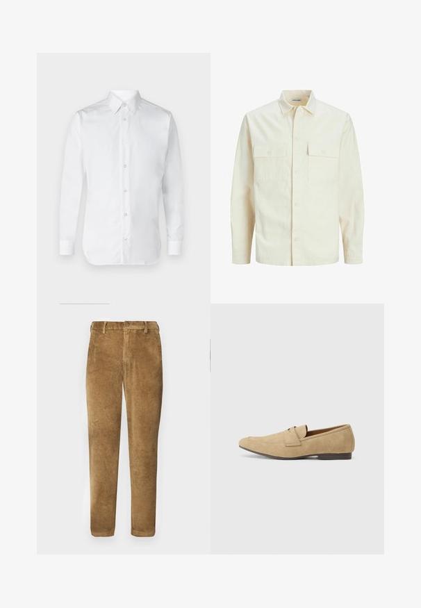 Šviesiai smėlio spalvos ilgomis rankovėmis marškiniai su apykakle, dviem priekinėmis kišenėmis, mygtukų uždarymu ir tekstūruota medžiaga.; Balta marškiniai su ilgomis rankovėmis, pagaminti iš lygaus medvilnės audinio, su klasikiniu apykaklės dizainu ir subtiliu blizgesiu. Penki mygtukai priekyje.; Rudų aksominių kelnių su vertikaliu raukšlėtu tekstūru, tiesiu kirpimu, sagčių uždarymu ir diržo kilpomis. Lygus audinys su minkštu paviršiumi.; Šviesiai rudos zomšinės loafers, su šiek tiek blizgesio, turinčios apvalų pirštą, be užsegimo dizainą ir žemą rudą kulnį. Subtili siuvimo detalė.