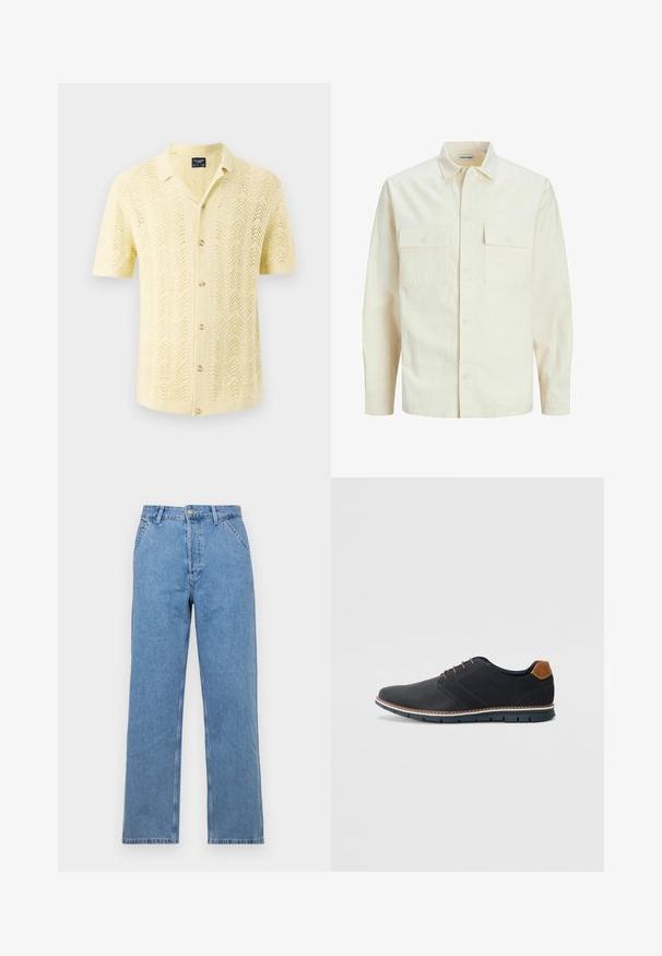 Šviesiai smėlio spalvos ilgomis rankovėmis marškiniai su apykakle, dviem priekinėmis kišenėmis, mygtukų uždarymu ir tekstūruota medžiaga.; Šviesiai geltona trumpų rankovių marškinėlių palaidinė su banguotu raštu ir mygtukų užsegimu, turi apykaklę ir laisvą siluetą.; Šviesiai mėlyni džinsai tiesia kojelė su klasikinio penkių kišenių dizainu, su priekiniu mygtuko užsegimu ir diržo kilpelėmis. Lygus paviršius.; Juodi sintetiniai batai su tekstūruotu paviršiumi, lygiomis detalėmis, ruda kulna ir kontrastingu padu. Yra minimalus raištelių užsidėjimas ir siuvimo detalės.