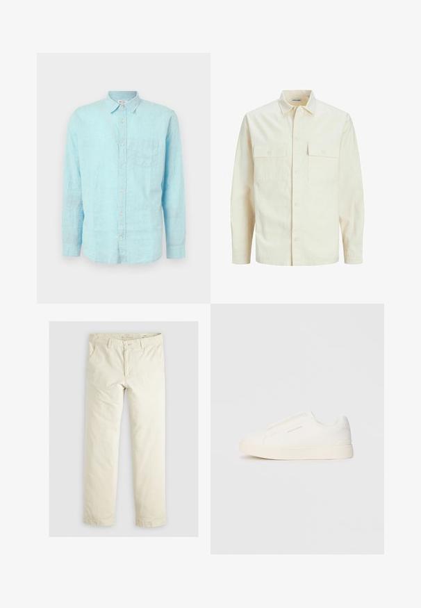 Hellbeige Langarmhemd mit klassischem Kragen, zwei Fronttaschen, Knopfverschluss und strukturiertem Stoff.; GAP STANDARD - Hemd - aqua glaze; Helle beigefarbene, lässig geschnittene Hose mit drei Taschen, Gürtelschlaufen und geradem Bein. Hergestellt aus einem weichen Baumwoll-Mix.; Weiße Slip-On-Sneaker mit einer strukturierten Oberfläche, dicker Sohle und minimalistischem Design. Mit Logo der Marke an der Seite.