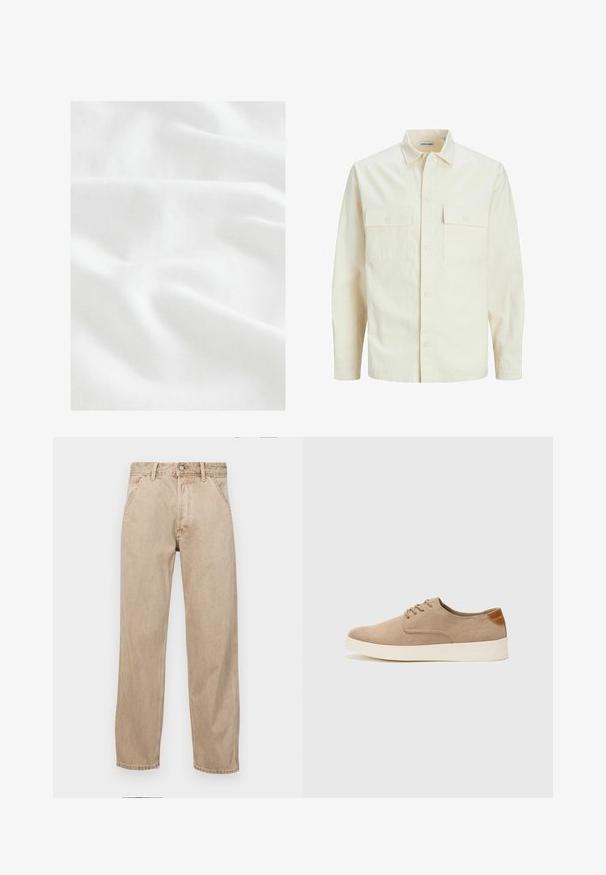 Hellbeige Langarmhemd mit klassischem Kragen, zwei Fronttaschen, Knopfverschluss und strukturiertem Stoff.; Next CUBAN COLLAR FIT - Hemd - white; Beige Denim-Jeans mit geradem Beinschnitt, ausgestattet mit Vordertaschen, einem Metallknopfverschluss und feiner Textur.; Beige Wildleder-Sneaker mit runder Zehenpartie, Schnürung und strukturiertem Rückenteil. Die weiße Gummisohle sorgt für einen Kontrast. Einfaches und modernes Design.
