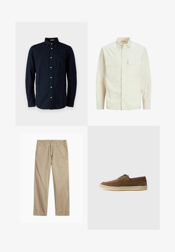 Camicia beige chiaro a maniche lunghe con colletto, due tasche frontali, chiusura a bottoni e un tessuto texturizzato.; Camicia button-up blu navy in cotone, con colletto classico, maniche lunghe e un piccolo logo ricamato sul petto.; Chinos beige a gamba dritta con passanti per cintura, chiusura frontale a bottone e zip, e tasche laterali inclinati.; Scarpe in suede marrone con profilo basso, design con lacci, suola in gomma e dettagli di cucitura a contrasto. Stile semplice e funzionale.