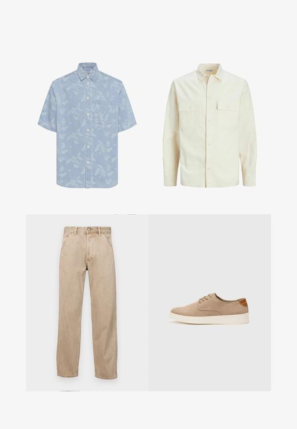 Gai bēšs garām piedurknēm krekls ar apkakles izgriezumu, divām priekšējām kabatām, pogu aizdari un teksturētu audumu.; Gaiši zils īsām piedurknēm krekls ar baltiem ziedu rakstiem, ar pogu aizdari priekšā un vienu krūšu kabatu. Izgatavots no džinsa līdzīga materiāla.; Beige džinsi ar taisnu kāju dizainu, ar priekšējiem kabatām, metāla pogu aizdari un smalku faktūru.; Beige zamšādas kedas ar noapaļotu purngala daļu, auklēm saplacinātu priekšpusi un teksturētu aizmugures akcentu. Balta gumijas zole nodrošina kontrastu. Vienkāršs un mūsdienīgs dizains.