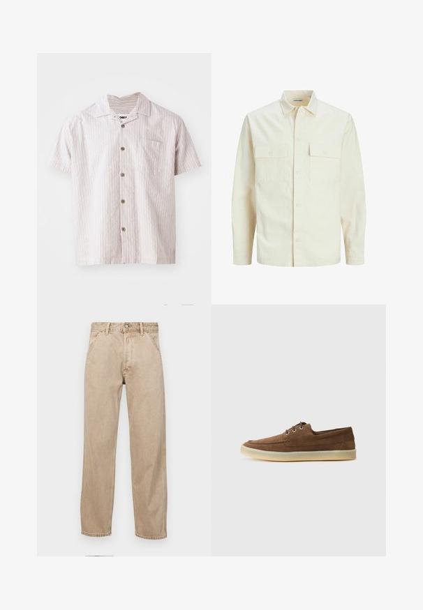 Svetlo béžová košeľa s dlhým rukávom, s golierom, dvoma prednými vreckami, zapínaním na gombíky a textúrovanou látkou.; Košeľa s krátkym rukávom v svetlej béžovej farbe s tenkými vertikálnymi pruhmi, s prednou vreckom a zaobleným golierom, vyrobená z ľahkej tkaniny.; Bežové denimové rifle so strihom rovného nohu, s prednými vreckami, kovovým zapínaním na gombík a jemnou textúrou.; Hnedé semišové topánky s nízkym profilom, šnurovací dizajn, gumená podrážka a kontrastné šitie. Jednoduchý a funkčný štýl.