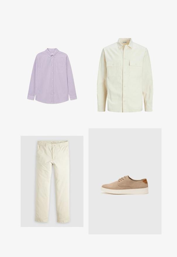 Camicia beige chiaro a maniche lunghe con colletto, due tasche frontali, chiusura a bottoni e un tessuto texturizzato.; Camicia a maniche lunghe a righe viola e bianche con colletto a bottoni, taschino singolo sul petto e orlo curvo. Realizzata in tessuto leggero.; Pantaloni ampi di colore beige chiaro con tre tasche, passanti per la cintura e design a gamba dritta. Realizzati in un morbido tessuto misto cotone.; Sneaker in suede beige con punta arrotondata, stringhe davanti e un accento testurizzato sul retro. La suola in gomma bianca offre un contrasto. Design semplice e moderno.