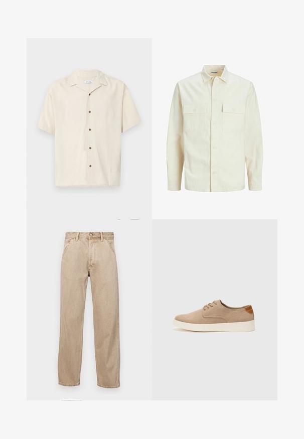 Világos bézs színű, hosszú ujjú ing, galléros nyakkal, két elülső zsebbel, gombos záródással és struktúrált anyaggal.; Rövid ujjú bézs ing sima anyagból. Jellemzője egy hegyes gallér és barna gombok az elején.; Beige színű farmernadrág egyenes fazonnal, elülső zsebekkel, fém gombos záródással és diszkrét textúrával.; Beige velúr sportcipő, kerek orral, fűzős elülső résszel és textúrált hátsó részlettel. Fehér gumitalp kontrasztot ad. Egyszerű és modern design.
