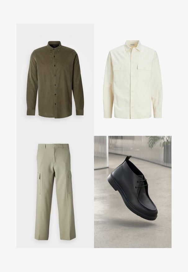 Lichtbeige langemouwen shirt met een kraaghalslijn, twee voorzakken, knoopsluiting en een gestructureerde stof.; Olijfgroene corduroy shirt met lange mouwen, knoopsluiting met kraag, knoopsluiting aan de voorkant en zwarte plastic knopen. Zacht getextureerde stof.; Lichtgroene cargobroek met een recht model, voorzien van zijzakken en een gladde stofstructuur. Achteraanzicht weergegeven.; Zwarte lederen schoen met een gladde textuur, ronde neus en vetersluiting; beschikt over een lage zool en een lus aan de achterkant.