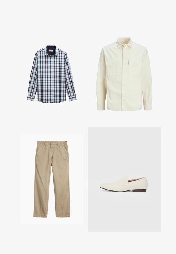 Gai bēšs garām piedurknēm krekls ar apkakles izgriezumu, divām priekšējām kabatām, pogu aizdari un teksturētu audumu.; Garās piedurknes šķērsoti krekli, kas rotāti ar zilu, baltu un bordo krāsu. Izgatavots no viegla auduma ar pogu lejas daļu un priekšpuses pogām.; Beigās taisnās kājas chinos bikses ar jostas cilpām, priekšējo pogu un rāvējslēdzēja aizdari, kā arī slīpām priekšējām kabatām.; Gai bēša kurpes ar smailu pirkstu, gludu materiālu, siksnu pāri pēdas daļai un zemu brūnu zoli. Vienkāršs dizains ar minimāliem akcentiem.