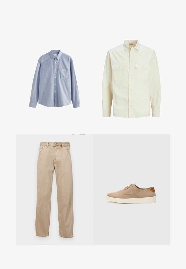 Svijetlo bež košulja dugih rukava s ovratnikom, dva prednja džepa, zatvaranje na dugmad i teksturirani materijal.; Svijetloplava košulja dugih rukava od pamuka, koja ima ovratnik sa dugmadi, šest dugmadi i džep na prsima s mekanom teksturom.; Bež teksas traperice ravnog kroja, s prednjim džepovima, metalnim zakopčavanjem i suptilnom teksturom.; Bež nubuk tenisice s okruglim vrhom, vezanjem sprijeda i teksturiranim stražnjim naglaskom. Bijela gumena potpetica pruža kontrast. Jednostavan i moderan dizajn.