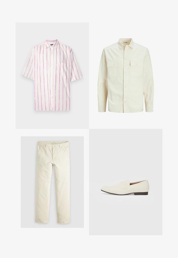 Šviesiai smėlio spalvos ilgomis rankovėmis marškiniai su apykakle, dviem priekinėmis kišenėmis, mygtukų uždarymu ir tekstūruota medžiaga.; Balta trumpų rankovių maršina su vertikaliomis rožinėmis ir žaliomis juostelėmis. Kairėje pusėje yra kišenė.; Šviesiai smėlinės spalvos laisvi kelnės su trimis kišenėmis, diržo kilpos ir tiesiomis kojomis. Pagamintos iš minkštos medvilnės mišinio audinio.; Šviesiai smėliniai loaferiai su smailiu pirštu, lygaus paviršiaus, dirželiu per viršų ir žema ruda padanga. Paprastas dizainas su minimaliais akcentais.