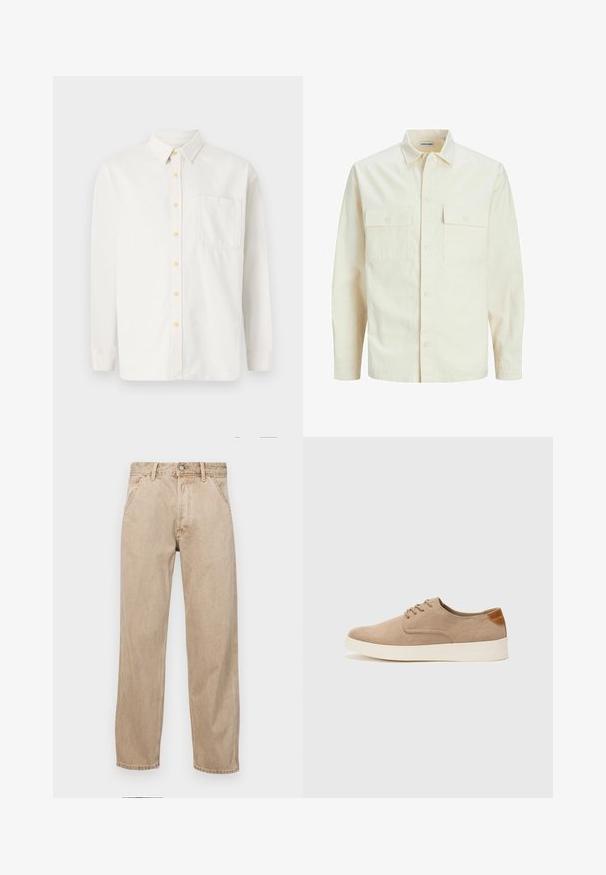 Lichtbeige langemouwen shirt met een kraaghalslijn, twee voorzakken, knoopsluiting en een gestructureerde stof.; Witte lange mouw shirt gemaakt van een katoenmix, met een button-down kraag, gele knopen en een enkele borstzak. Klassieke pasvorm.; Beige denim jeans met een recht gesneden ontwerp, voorzien van voorzakken, een metalen knoopsluiting en een subtiele textuur.; Beige suède sneakers met een ronde neus, vetersluiting aan de voorkant en een getextureerde achteraccent. De witte rubberen zool zorgt voor contrast. Eenvoudig en modern ontwerp.