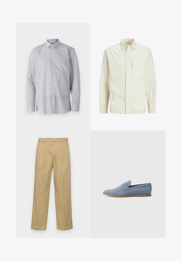 Jasno beżowa koszula z długim rękawem, z kołnierzykiem, dwoma kieszeniami z przodu, zapięciem na guziki i teksturowanym materiałem.; Biała koszula z długim rękawem z czarnym geometrycznym wzorem, z klasycznym kołnierzykiem, zapięciem na guziki i miękkim bawełnianym materiałem.; Beżowe bawełniane spodnie o prostym kroju, z plisami z przodu i bocznymi kieszeniami. Materiał ma gładką, miękką teksturę.; Jasnoniebieskie zamszowe mokasyny o gładkiej fakturze, z ozdobnym przeszyciem i brązową gumową podeszwą. Posiadają design z kieszonką na monety na cholewce.