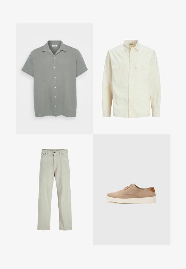 Jasno beżowa koszula z długim rękawem, z kołnierzykiem, dwoma kieszeniami z przodu, zapięciem na guziki i teksturowanym materiałem.; Koszula z krótkim rękawem, z kołnierzykiem w jasnoszarym kolorze, wykonana z teksturowanej tkaniny o lekko pomarszczonym wyglądzie. Posiada białe guziki na przodzie.; Jasnobeżowe dżinsy w stylu prostym, o pięciu kieszeniach i guzikowym zapięciu w pasie, z minimalną liczbą detali szwów.; Beżowe zamszowe sneakersy z okrągłym noskiem, sznurowanym przodem i teksturowanym akcentem na tyle. Biała gumowa podeszwa tworzy kontrast. Prosty i nowoczesny design.