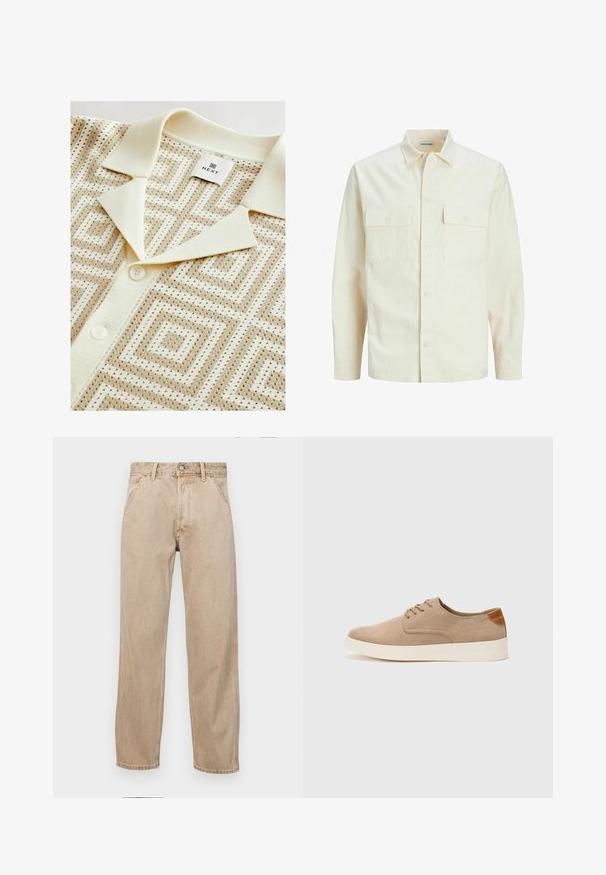 Camicia beige chiaro a maniche lunghe con colletto, due tasche frontali, chiusura a bottoni e un tessuto texturizzato.; Next REGULAR FIT - SHORT SLEEVE GEOMETRIC PATTERN WITH CUBAN COLLAR
- Camicia - neutral; Jeans in denim beige con un design a gamba dritta, dotati di tasche frontali, chiusura con bottone metallico e una texture delicata.; Sneaker in suede beige con punta arrotondata, stringhe davanti e un accento testurizzato sul retro. La suola in gomma bianca offre un contrasto. Design semplice e moderno.