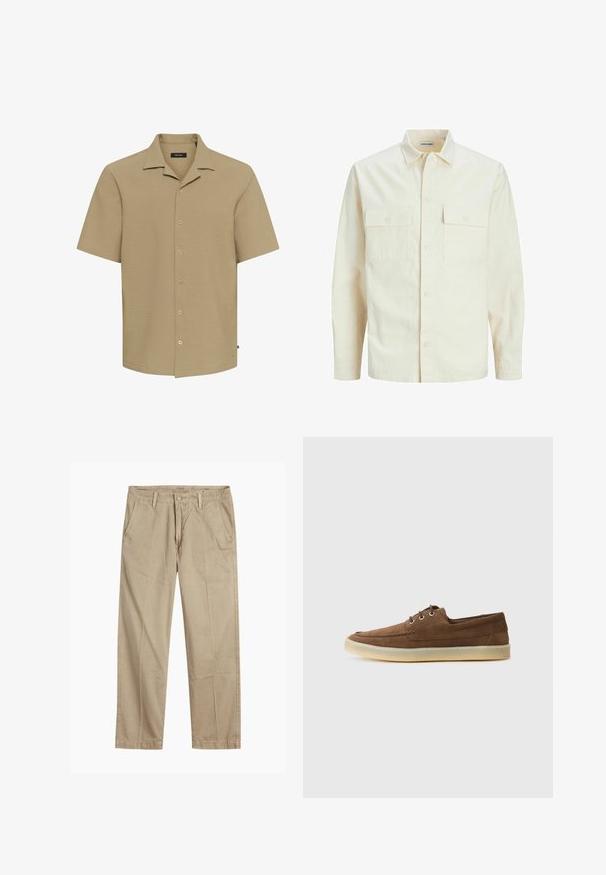 Šviesiai smėlio spalvos ilgomis rankovėmis marškiniai su apykakle, dviem priekinėmis kišenėmis, mygtukų uždarymu ir tekstūruota medžiaga.; Šviesiai smėlinės spalvos trumparankovė marškiniai su apykakle, pagaminti iš tekstūruoto audinio, su septyniais mygtukais priekyje; laisvas siluetas ir tiesus apatinis kraštas.; Bežiniai tiesaus kirpimo chinos kelnės su diržo kilputėmis, priekyje esančia mygtuko ir užtrauktuko uždarymo sistema, bei šoninėmis kišenėmis.; Rudos zomšos batai su žemu profiliu, raišteliais, guminiais padu ir kontrastingomis siūlėmis. Paprastas ir funkcionalus stilius.