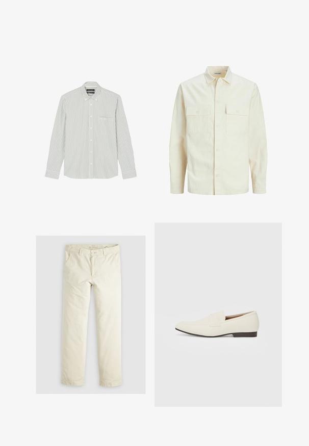 Világos bézs színű, hosszú ujjú ing, galléros nyakkal, két elülső zsebbel, gombos záródással és struktúrált anyaggal.; Világoszöld és fehér csíkozott hosszú ujjú ing, gombos gallérral, egyetlen mellzsebbel és gombos záródással.; Világos bézs, laza szabású nadrág három zsebbel, övpántokkal és egyenes szárú kialakítással. Puha pamut keverék anyagból készült.; Világos bézs loaferek hegyes orral, sima anyagból, a lábfejen lévő pánttal és alacsony barna talppal. Egyszerű dizájn, minimális díszítéssel.