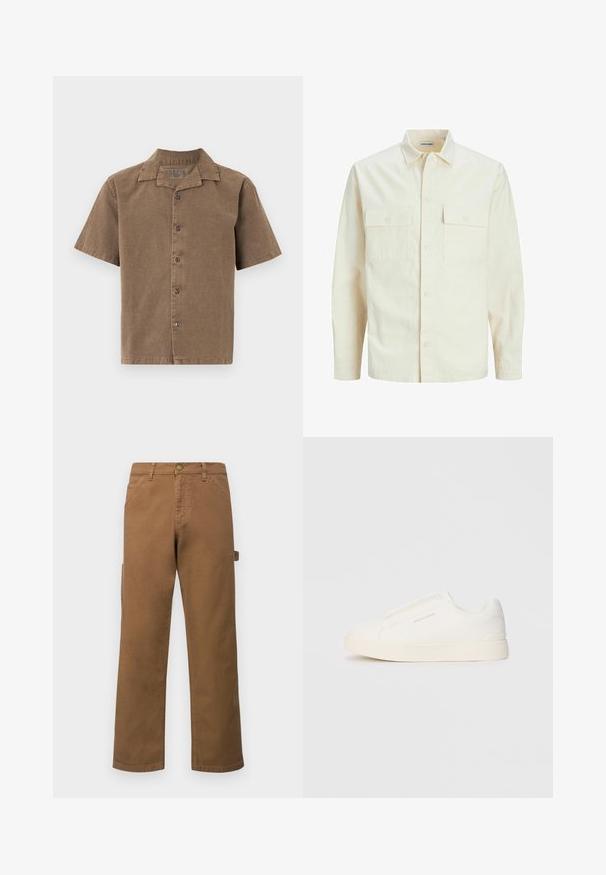 Svetlo bež srajca z dolgimi rokavi, ovratnim izrezom, dvema sprednjima žepoma, zapenjanjem na gumbe in teksturirano tkanino.; Majica s kratkimi rokavi iz rjave korduroja, z ovratnikom, sprednjimi gumbi in ohlapnim krojem. Gladka tekstura z blagim sijajem.; Rjave bombažne cargo hlače s ravnimi nogavicami, ki imajo stranske žepke in kovinsko zapiranje na pasu. Gladka tekstura in ležajen dizajn.; Bele zapete brez vezalk z teksturirano površino, debelim podplatom in minimalističnim dizajnom. Na strani se nahaja logotip blagovne znamke.