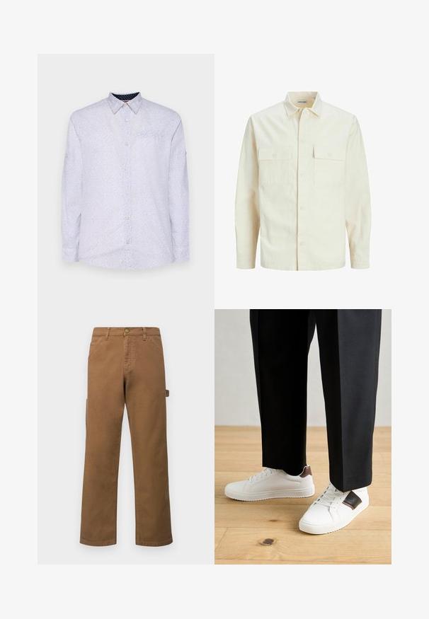 Camicia beige chiaro a maniche lunghe con colletto, due tasche frontali, chiusura a bottoni e un tessuto texturizzato.; Camicia bianca a maniche lunghe con piccoli pois blu navy, colletto button-down e taschino sul petto. Presenta polsini con bottone e una texture liscia.; Pantaloni cargo marroni in cotone con gambe dritte, dotati di tasche laterali e chiusura con bottone metallico in vita. Tessuto liscio e design casual.; Sneakers bianchi dalla texture liscia, con dettagli in pelle marrone e particolari neri, abbinati a pantaloni neri su misura. Sfondo in parquet.