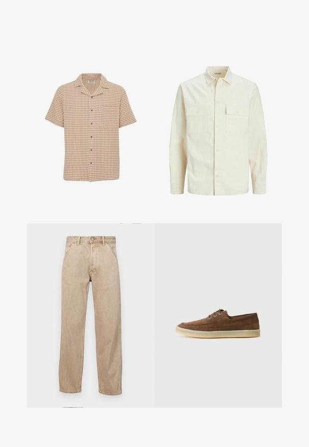 Lys beige langærmet skjorte med krave, to forlommer, knaplukning og et tekstureret stof.; Kortærmet skjorte med knapper i et brunt og crèmeternet mønster, brystlomme, blødt stof og åben krave design.; Beige denimjeans med lige bendesign, med forlommer, metalknaplukning og subtil struktur.; Brune ruskindssko med lav profil, snørebåndsdesign, gummisål og kontrasterende syninger. Simpel og funktionel stil.