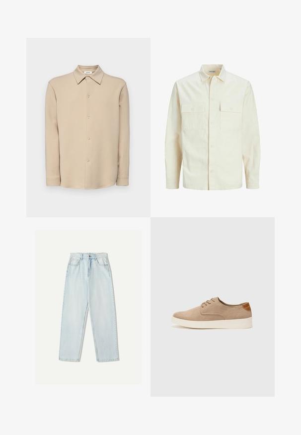 Světle béžová košile s dlouhým rukávem, límečkem, dvěma předními kapsami, zapínáním na knoflíky a strukturovanou tkaninou.; Beige košilová košile s dlouhým rukávem, zapínáním na knoflíky a s ostrým límečkem, zobrazená na bílém pozadí.; Světle modré džíny s volným střihem, rovnými nohavicemi, pěti kapsami a jemným vyblednutím látky.; Béžové semišové tenisky s kulatou špičkou, šněrováním vpředu a texturovaným zadním akcentem. Bílá gumová podrážka poskytuje kontrast. Jednoduchý a moderní design.