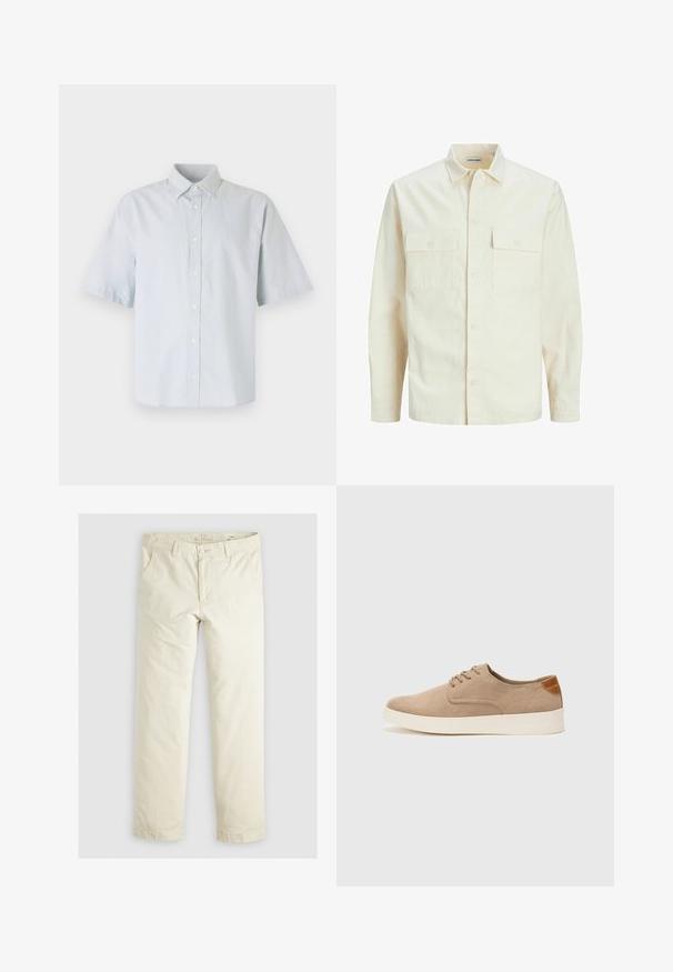 Hellbeige Langarmhemd mit klassischem Kragen, zwei Fronttaschen, Knopfverschluss und strukturiertem Stoff.; Himmelblaues kurzärmliges Hemd mit Knopfverschluss, aus Baumwolle gefertigt, mit klassischem Kragen, Knopfleiste auf der Vorderseite und lockerer Passform.; Helle beigefarbene, lässig geschnittene Hose mit drei Taschen, Gürtelschlaufen und geradem Bein. Hergestellt aus einem weichen Baumwoll-Mix.; Beige Wildleder-Sneaker mit runder Zehenpartie, Schnürung und strukturiertem Rückenteil. Die weiße Gummisohle sorgt für einen Kontrast. Einfaches und modernes Design.