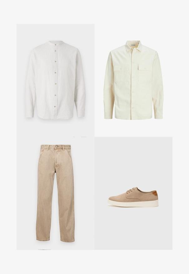 Camicia beige chiaro a maniche lunghe con colletto, due tasche frontali, chiusura a bottoni e un tessuto texturizzato.; Camicetta a righe in crema chiaro e beige delicato, con colletto alto, maniche lunghe e bottoni rotondi lungo la parte anteriore.; Jeans in denim beige con un design a gamba dritta, dotati di tasche frontali, chiusura con bottone metallico e una texture delicata.; Sneaker in suede beige con punta arrotondata, stringhe davanti e un accento testurizzato sul retro. La suola in gomma bianca offre un contrasto. Design semplice e moderno.