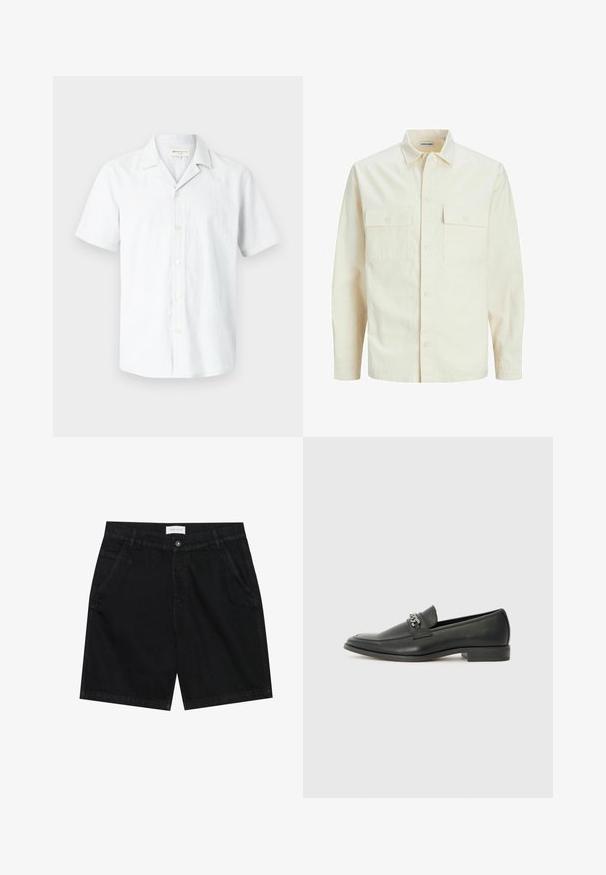 Svetlo bež srajca z dolgimi rokavi, ovratnim izrezom, dvema sprednjima žepoma, zapenjanjem na gumbe in teksturirano tkanino.; Srajca s kratkimi rokavi, svetlo siva, z gumbom na sprednji strani, izdelana iz mešanice lanu, z ovratnikom v kamp slogu in šestimi gumbi na sprednji strani, gladka tekstura.; Črne denim kratke hlače s klasičnim krojem, ki imajo dva sprednja žepa, zapiranje na gumb in oznako na pasu. Grob material.; Črni usnjeni loafer z gladko površino, ki ima šivano zasnovo in dekorativni kovinski verižni naglas preko vampirja. Ravno peto.