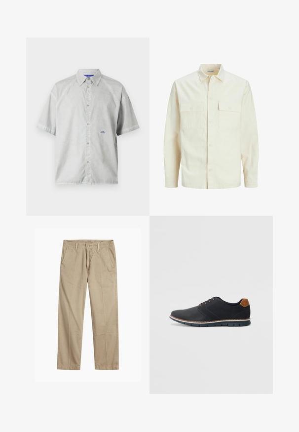 Lichtbeige langemouwen shirt met een kraaghalslijn, twee voorzakken, knoopsluiting en een gestructureerde stof.; Korte mouwen, lichtgrijze knoopshirt van gladde stof. Heeft een puntige kraag en een klein blauw logo op de borst.; Beige rechte pijpen chinos met riemlussen, voorkant met knoop en rits sluiting, en schuine voorzakken.; Zwarte synthetische schoenen met een gestructureerde bovenkant, gladde accenten, bruine hak en een contrasterende zool. Bevat minimale veters en stikdetails.