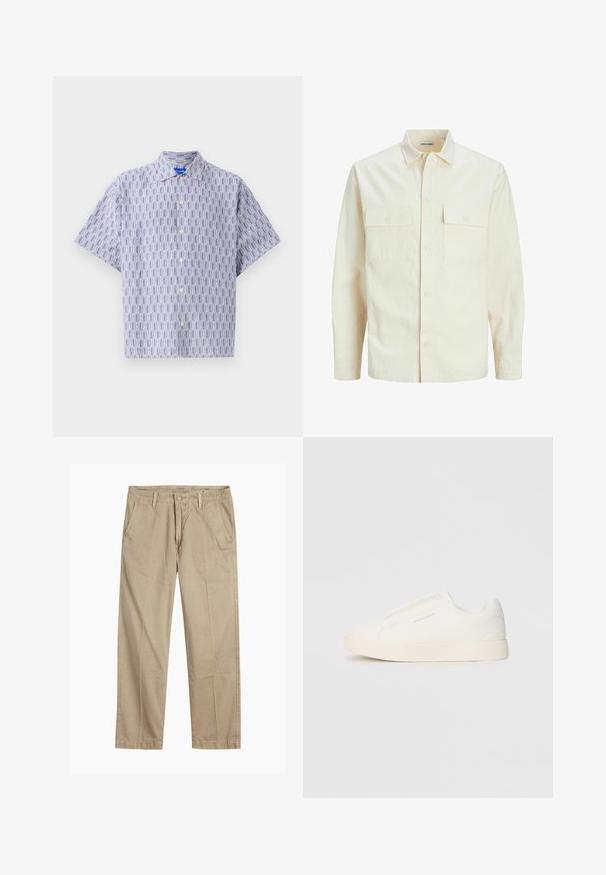 Gai bēšs garām piedurknēm krekls ar apkakles izgriezumu, divām priekšējām kabatām, pogu aizdari un teksturētu audumu.; Gaišzilgs, īsām piedurknēm pogājams krekls ar tumši zilu ģeometrisku rakstu. Iespējama apkakle un brīvs piegriezums. Izgatavots no viegla auduma.; Beigās taisnās kājas chinos bikses ar jostas cilpām, priekšējo pogu un rāvējslēdzēja aizdari, kā arī slīpām priekšējām kabatām.; Baltas slip-on sporta apavi ar teksturētu virsmu, biezu zoli un minimālistisku dizainu. Sānos redzams zīmola logotips.