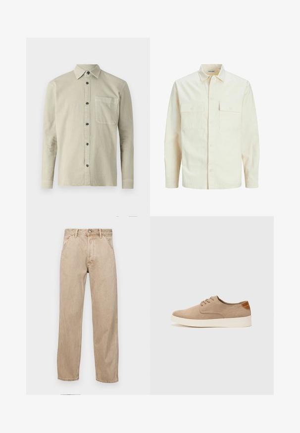 Világos bézs színű, hosszú ujjú ing, galléros nyakkal, két elülső zsebbel, gombos záródással és struktúrált anyaggal.; Hosszú ujjú gombos ing világos bézs szövetből. Jellemzője a hegyes gallér, egy mellzseb és fekete gombok. Egyszerű, texturált dizájn.; Beige színű farmernadrág egyenes fazonnal, elülső zsebekkel, fém gombos záródással és diszkrét textúrával.; Beige velúr sportcipő, kerek orral, fűzős elülső résszel és textúrált hátsó részlettel. Fehér gumitalp kontrasztot ad. Egyszerű és modern design.