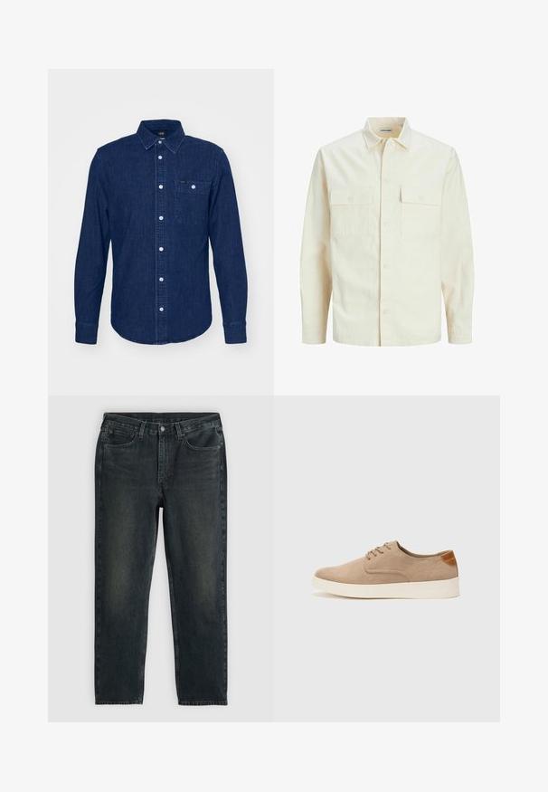 Svijetlo bež košulja dugih rukava s ovratnikom, dva prednja džepa, zatvaranje na dugmad i teksturirani materijal.; Lee LEESURE - Majica - maple wash; Tamno plavi traperice s ravnim krojem, koje imaju pet džepova, rajsferšlus i kontrastne šavove. Diskretno izbljeđivanje na tkanini.; Bež nubuk tenisice s okruglim vrhom, vezanjem sprijeda i teksturiranim stražnjim naglaskom. Bijela gumena potpetica pruža kontrast. Jednostavan i moderan dizajn.