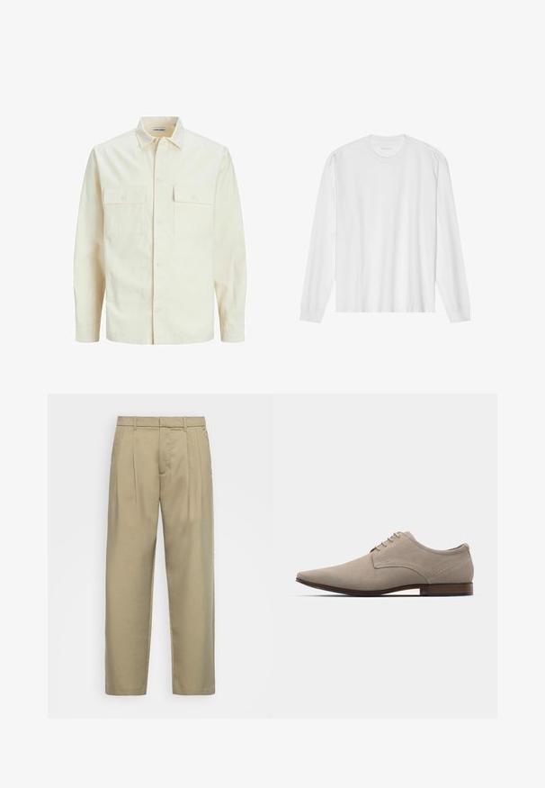 Svetlo bež srajca z dolgimi rokavi, ovratnim izrezom, dvema sprednjima žepoma, zapenjanjem na gumbe in teksturirano tkanino.; Bela bombažna majica z dolgimi rokavi in posadnim izrezom ter rebrastimi manšetami. Preprost, neokrašen dizajn, ki se ponaša z gladko teksturo in standardnim krojem.; Bež hlače visoko pasu s ravnim krojem, z ravnim sprednjim delom, stranskimi žepi in gladkim, teksturiranim materialom.; Bež čipkasti čevlji iz mehkega semiša, s koničastim prstom, minimalnim šivanjem in lesenim peto. Gladka tekstura in preprost dizajn.