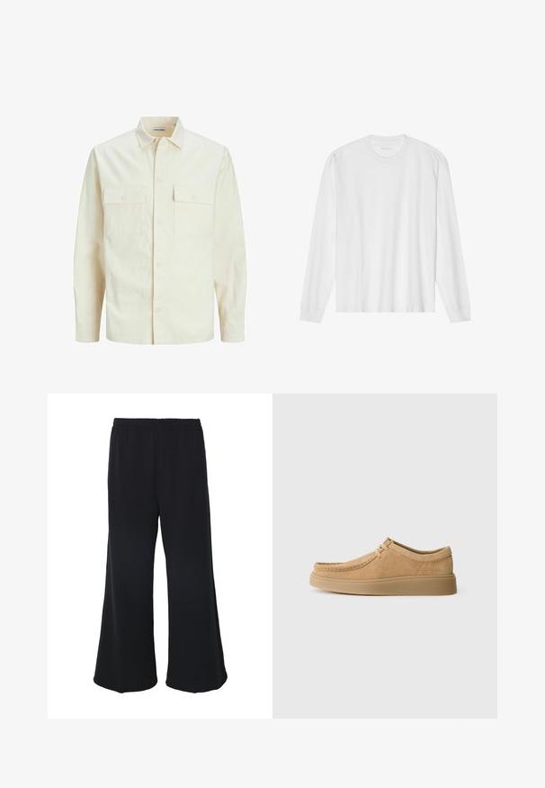 Hellbeige Langarmhemd mit klassischem Kragen, zwei Fronttaschen, Knopfverschluss und strukturiertem Stoff.; Langärmliges weißes Baumwoll-T-Shirt mit Rundhalsausschnitt und gerippten Bündchen. Einfaches, ungeschmücktes Design mit glatter Textur und normaler Passform.; Weekday GABRIEL LOOSE TROUSERS - Stoffhose - black; Wildlederschuhe mit Schnürung in hellbraun, runder Zehenform, gesteppten Details und flacher Gummisohle, die eine glatte Textur zeigen.