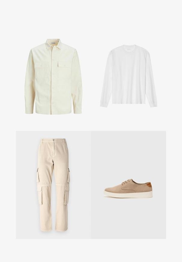 Cămașă lungă cu mâneci lungi de culoare bej deschis, cu guler, două buzunare frontale, închidere cu butoane și un material texturat.; Tricou alb din bumbac, cu mânecă lungă, gât rotund și manșete ribotate. Design simplu, fără ornamentație, cu o textură netedă și o croială standard.; Pantaloni cargo bej din bumbac. Prezentând buzunare laterale, design cu picior drept și închidere cu nasture la talie. Detalii de coasere simple.; Tenisi din suede bej cu vârf rotund, sistem de șireturi în față și un accent texturat în spate. Talpa albă din cauciuc oferă un contrast. Design simplu și modern.
