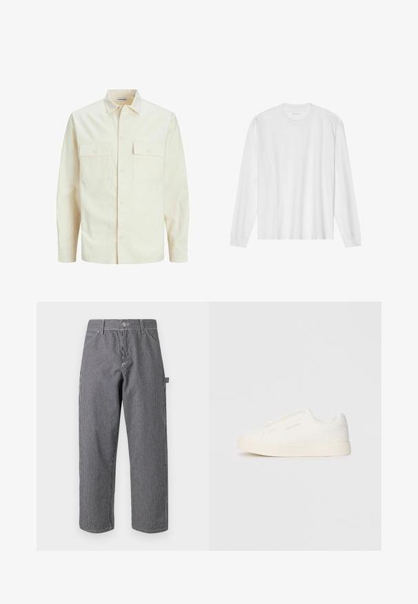 Svetlo béžová košeľa s dlhým rukávom, s golierom, dvoma prednými vreckami, zapínaním na gombíky a textúrovanou látkou.; Dlhý rukáv, biela bavlnená tričko s okrúhlym výstrihom a rebrovanými manžetami. Jednoduchý, bezvýzdobový dizajn s hladkou textúrou a štandardným strihom.; Pruhované nohavice vyrobené z bavlnenej zmesi, s vertikálnymi čierno-bielymi pruhmi, zapínaním na gombík a bočným vreckovým dizajnom.; Biele slip-on tenisky s textúrovaným povrchom, hrubou podrážkou a minimalistickým dizajnom. Obsahuje logo značky na boku.