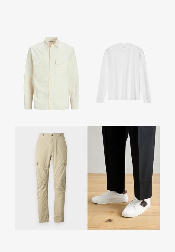Svetlo bež srajca z dolgimi rokavi, ovratnim izrezom, dvema sprednjima žepoma, zapenjanjem na gumbe in teksturirano tkanino.; Bela bombažna majica z dolgimi rokavi in posadnim izrezom ter rebrastimi manšetami. Preprost, neokrašen dizajn, ki se ponaša z gladko teksturo in standardnim krojem.; Bež cargo hlače iz lahkega materiala, z več žepi, zapenjanjem na gumb in zasnovo zoženih nog. Gladka tekstura.; Beli športni copati z gladko teksturo, okrašeni z rjavimi usnjenimi detajli in črnimi poudarki, v kombinaciji s črnimi krojenimi hlačami. Ozadje iz lesenih tal.