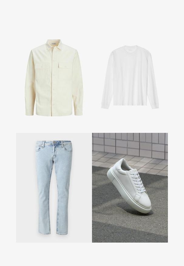 Svijetlo bež košulja dugih rukava s ovratnikom, dva prednja džepa, zatvaranje na dugmad i teksturirani materijal.; Dugi rukavi bijela pamučna majica s okruglim izrezom i rebrastim manžetama. Jednostavan, neukrašen dizajn, s glatkom teksturom i standardnim krojem.; Svijetloplave traperice klasičnog ravnog kroja, s pet džepova i petljama za remen. Imaju minimalno šivanje i zatvaranje na gumbe.; Bijela kožna tenisica s glatkom površinom, okruglim vrhom i ravnim bijelim vezicama. Ima teksturiran gumeni potplat i minimalne dizajnerske elemente.