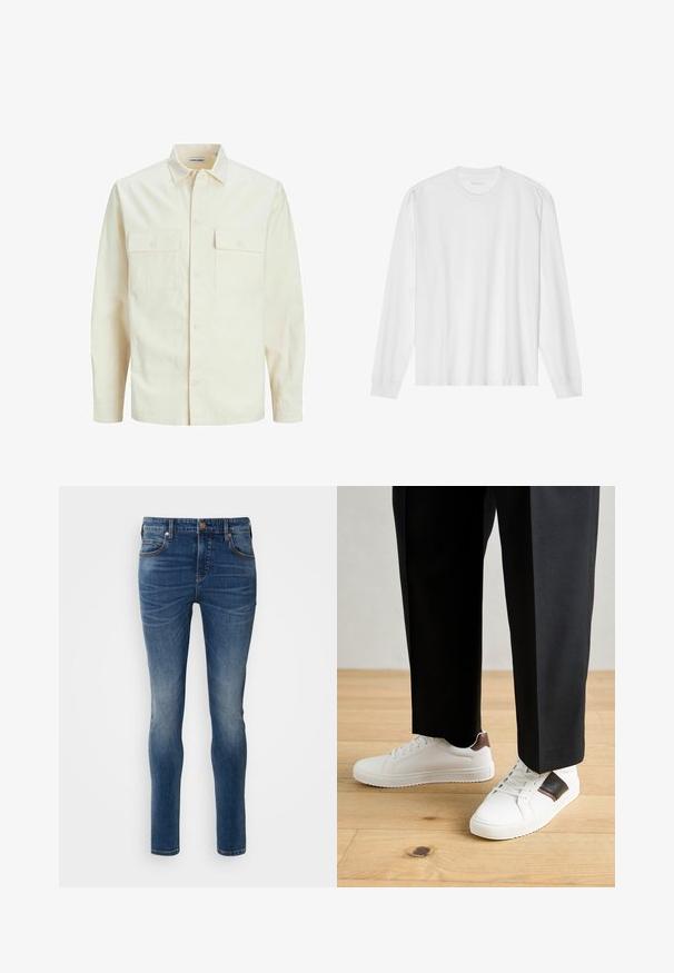 Gai bēšs garām piedurknēm krekls ar apkakles izgriezumu, divām priekšējām kabatām, pogu aizdari un teksturētu audumu.; Garas piedurkņu balta kokvilnas T-kreklu ar apaļu kakla izgriezumu un ribotām aprocēm. Vienkāršs, neizpušķots dizains ar gludu tekstūru un standarta piegriezumu.; Slim fit džinsi tumši zilos denimā. Iekļauj piecas kabatas, jostu cilpas un vieglu izbalējumu. Šujamie elementi kontrastējošā brūnā diegā.; Baltā pārsoļa apavi ar gludu tekstūru, papildināti ar brūniem ādas akcentiem un melniem elementiem, savienoti ar melnām pielāgotām biksēm. Koka grīdas fons.
