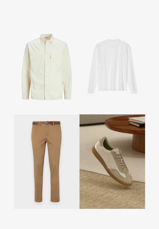 Svetlo bež srajca z dolgimi rokavi, ovratnim izrezom, dvema sprednjima žepoma, zapenjanjem na gumbe in teksturirano tkanino.; Bela bombažna majica z dolgimi rokavi in posadnim izrezom ter rebrastimi manšetami. Preprost, neokrašen dizajn, ki se ponaša z gladko teksturo in standardnim krojem.; Bež chinos hlače z teksturirano obdelavo, s poševnimi stranskimi žepi, zapiranjem na gumb in zadrgo ter rjavim usnjenim pasom.; Lahki športni copat z belim usnjenim zgornjim delom in bež semiš poudarki, okroglo nosnico ter teksturiranim rjavim gumijastim podplatom.