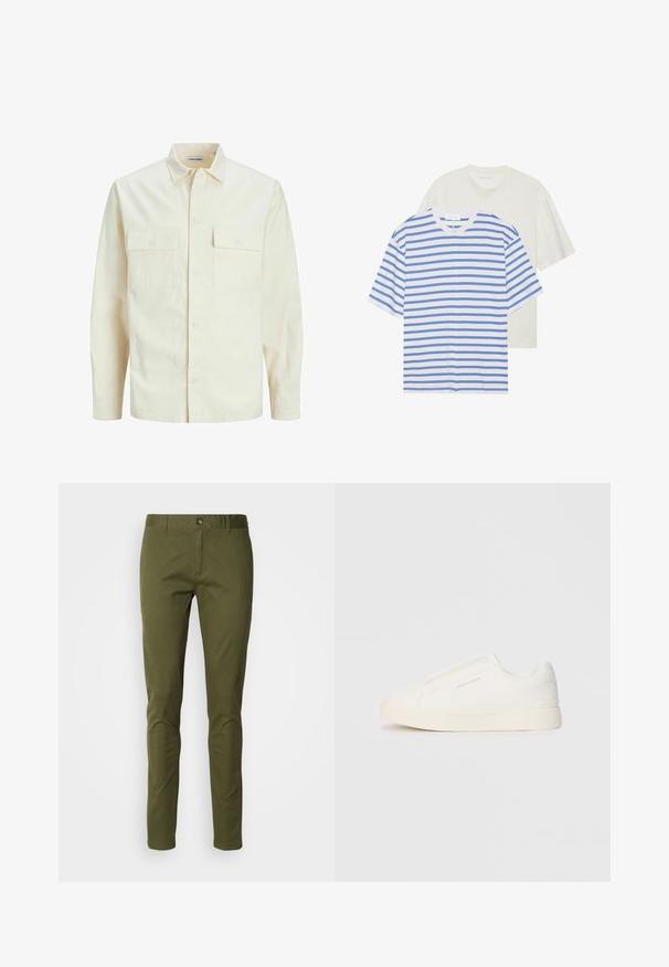 Svetlo bež srajca z dolgimi rokavi, ovratnim izrezom, dvema sprednjima žepoma, zapenjanjem na gumbe in teksturirano tkanino.; Dve kratke majice s kratkimi rokavi: ena bela s plavimi črtami in ena enobarvna svetlo smetana. Mehki bombažni material, kroj s krožno oblečenim izrezom, sproščen kroj.; Olivno zeleni chinosi iz bombažno-sintetične tkanine, s ravnim krojem, zadrgo in sprednjimi žepi. Gladka textura z minimalnimi detajli.; Bele zapete brez vezalk z teksturirano površino, debelim podplatom in minimalističnim dizajnom. Na strani se nahaja logotip blagovne znamke.