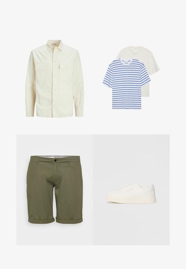 Hellbeige Langarmhemd mit klassischem Kragen, zwei Fronttaschen, Knopfverschluss und strukturiertem Stoff.; Zwei kurzärmlige T-Shirts: eines weiß mit blauen Streifen und eines in einfarbig hellem Creme. Aus weichem Baumwollmaterial, mit Rundhalsausschnitt und lockerer Passform.; Olivgrüne Shorts mit glatter Textur, umgeschlagenen Säumen, Knopf am vorderen Bund und seitlichen Taschen. Einfaches, tailliertes Design für die Freizeit.; Weiße Slip-On-Sneaker mit einer strukturierten Oberfläche, dicker Sohle und minimalistischem Design. Mit Logo der Marke an der Seite.